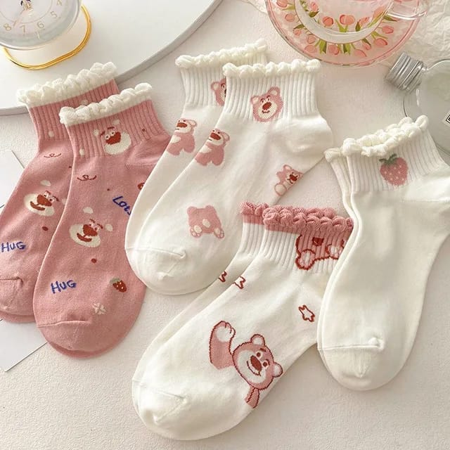 Women Pink Socks Strawberry Bear